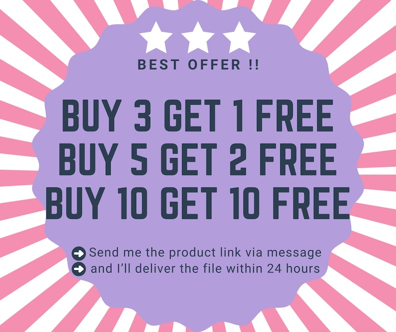 Peut inclure: Graphique promotionnel avec un design violet en forme d'&eacute;toile sur un fond &agrave; rayures roses et blanches. Le texte "BEST OFFER !!" est en haut, avec "BUY 3 GET 1 FREE", "BUY 5 GET 2 FREE" et "BUY 10 GET 10 FREE" en dessous. Texte suppl&eacute;mentaire en bas.
