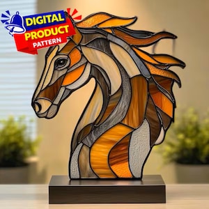 Patrón de vitral con cabeza de caballo, patrón de vitral equino, atrapasol de caballo, vidrio decorativo para el hogar, vitral DIY, regalo de arte mural