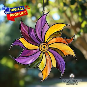 Flower Wind Spinner Stained Glass Pattern, Spinner Suncatcher, Mini Windmill Decor Stained Glass, Home Decor Glass, Stained Glass, Wall Art