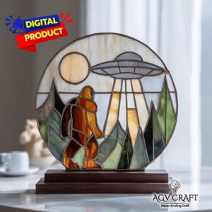 Bigfoot and UFO Stained Glass Pattern, Bigfoot and UFO Suncatcher, Alien Stained Glass, Home Decor, Handmade Stained Glass PDF,Wall Art Gift