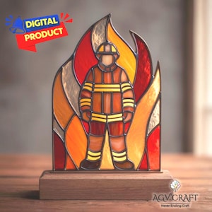 Firefighter Stained Glass Pattern, Firefighter Suncatcher, Fireman Stained Glass Pattern, Home Decor Glass, DIY Stained Glass, Wall Art Gift