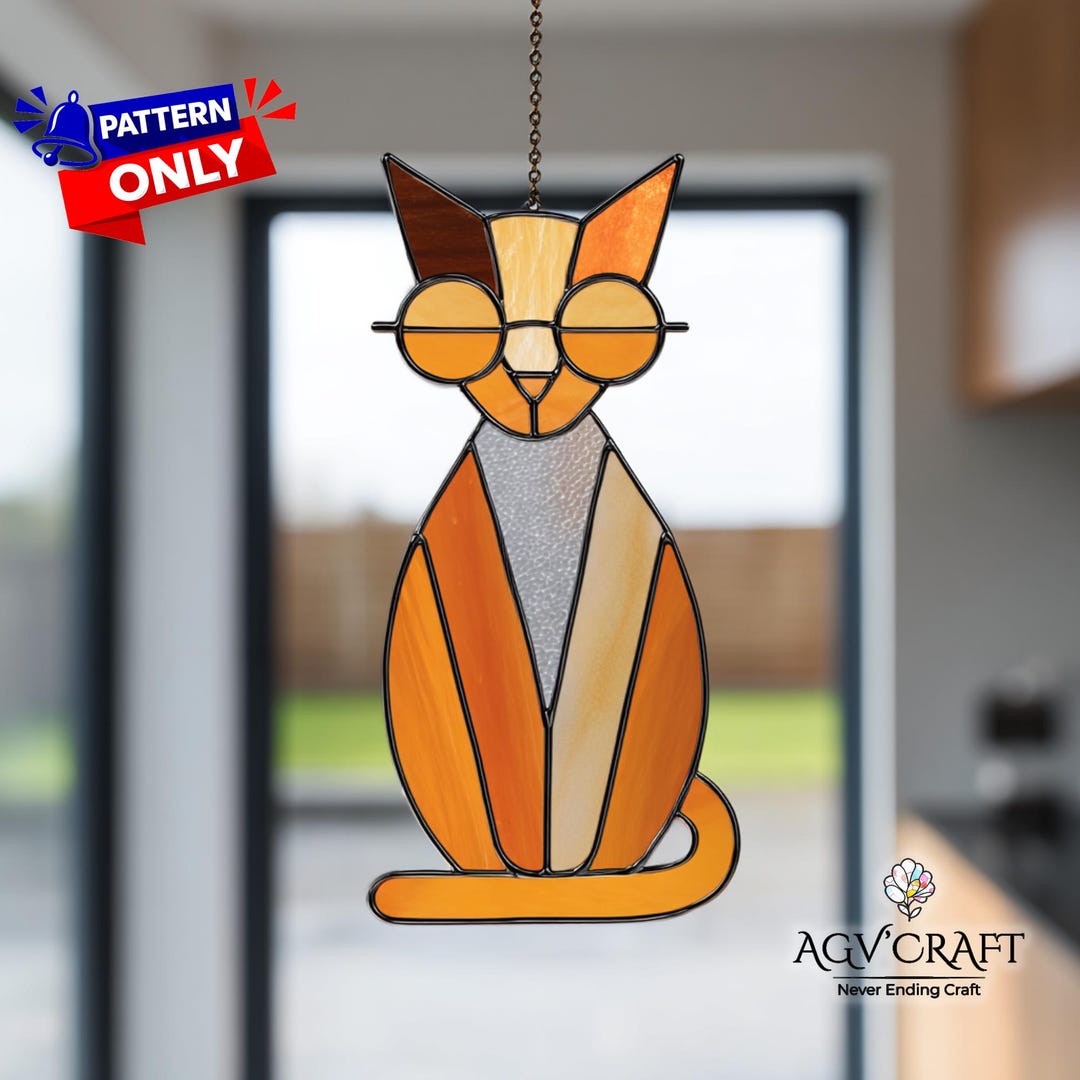 Orange Cat Stained Glass Pattern, Cat With Sun Glasses Suncatcher PDF ...