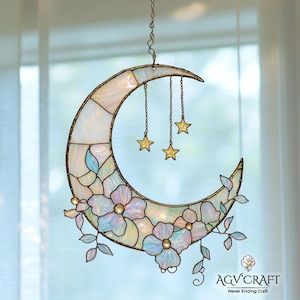 Crescent Moon Stained Glass Pattern, Flower Moon Stained Glass Pattern, Moon Suncatcher, Home Decor Glass, DIY Stained Glass, Wall Art Gift
