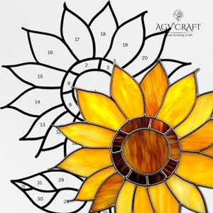 Puede incluir: Un dise&ntilde;o de girasol de vidrieras con un contorno negro y secciones numeradas. El girasol presenta p&eacute;talos amarillos y naranjas con un centro marr&oacute;n. El logotipo de AGY Craft est&aacute; en la esquina superior derecha.