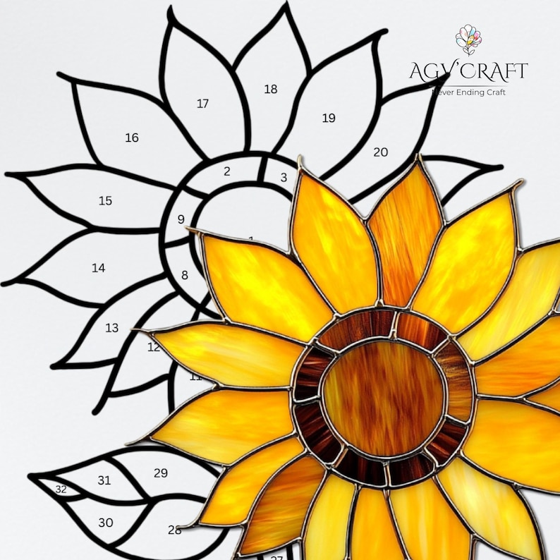 Puede incluir: Un dise&ntilde;o de girasol de vidrieras con un contorno negro y secciones numeradas. El girasol presenta p&eacute;talos amarillos y naranjas con un centro marr&oacute;n. El logotipo de AGY Craft est&aacute; en la esquina superior derecha.