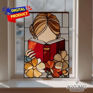 Meisje leesboek glas-in-loodpatroon, schoolse meisje Suncatcher, schoolse meisje gebrandschilderd glas, woondecoratie, handgemaakte pdf, kunst aan de muur cadeau