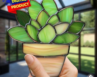 Patrón de vitral con suculentas, vitral con suculentas del desierto, atrapasol con suculentas, decoración del hogar, vitral DIY, regalo de arte mural