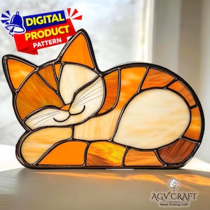 Mönster av målat glas för sovande katt, solfångare för katt, mönster av målat glas för husdjur, heminredningsglas, gör-det-själv-målat glas, väggkonstgåva