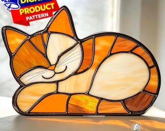 Patrón de vitral de gato durmiendo, atrapasol de gato, patrón de vitral de mascota, decoración de vidrio para el hogar, vitral DIY, regalo de arte de pared