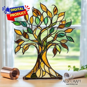 Patrón de vitral con árbol de la vida, atrapasol con árbol de la vida, patrón de vitral con árbol, decoración de vidrio para el hogar, vitral DIY, regalo de arte mural