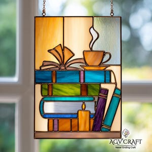 Bookish Stained Glass Pattern, Bookshelf Suncatcher, Books Stained Glass Pattern, Home Decor Glass, DIY Stained Glass, Wall Art Gift