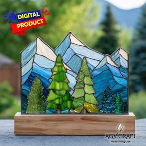 Mountain Landscape Stained Glass Pattern, Landscape Suncatcher, Mountain Stained Glass, Home Decor Glass, DIY Stained Glass, Wall Art Gift
