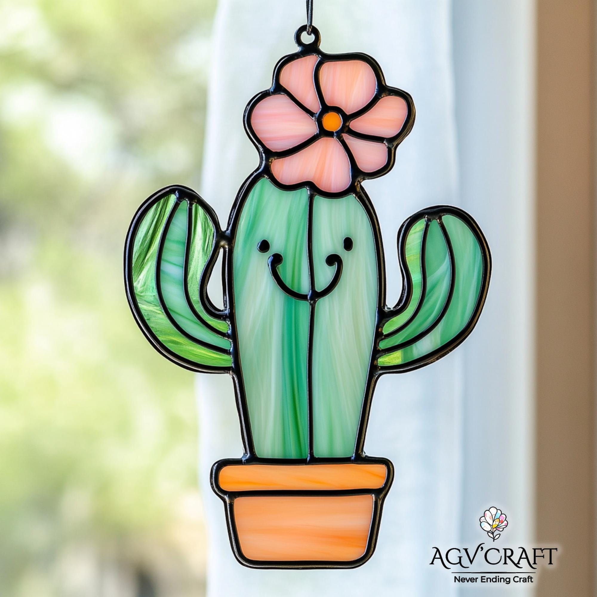 サボテン2個セットのステンドグラス模様、かわいいサボテンのステンド