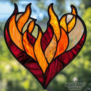 Fire Heart Stained Glass Pattern, Heart Suncatcher, Love Stained Glass Pattern, Home Decor Glass, DIY Stained Glass, Wall Art Gift