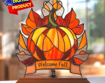 Herbst Kürbis Buntglas Muster, Willkommen Suncatcher, Kürbis Buntglas, Wohnkultur, DIY Glasmalerei PDF, Wandkunst
