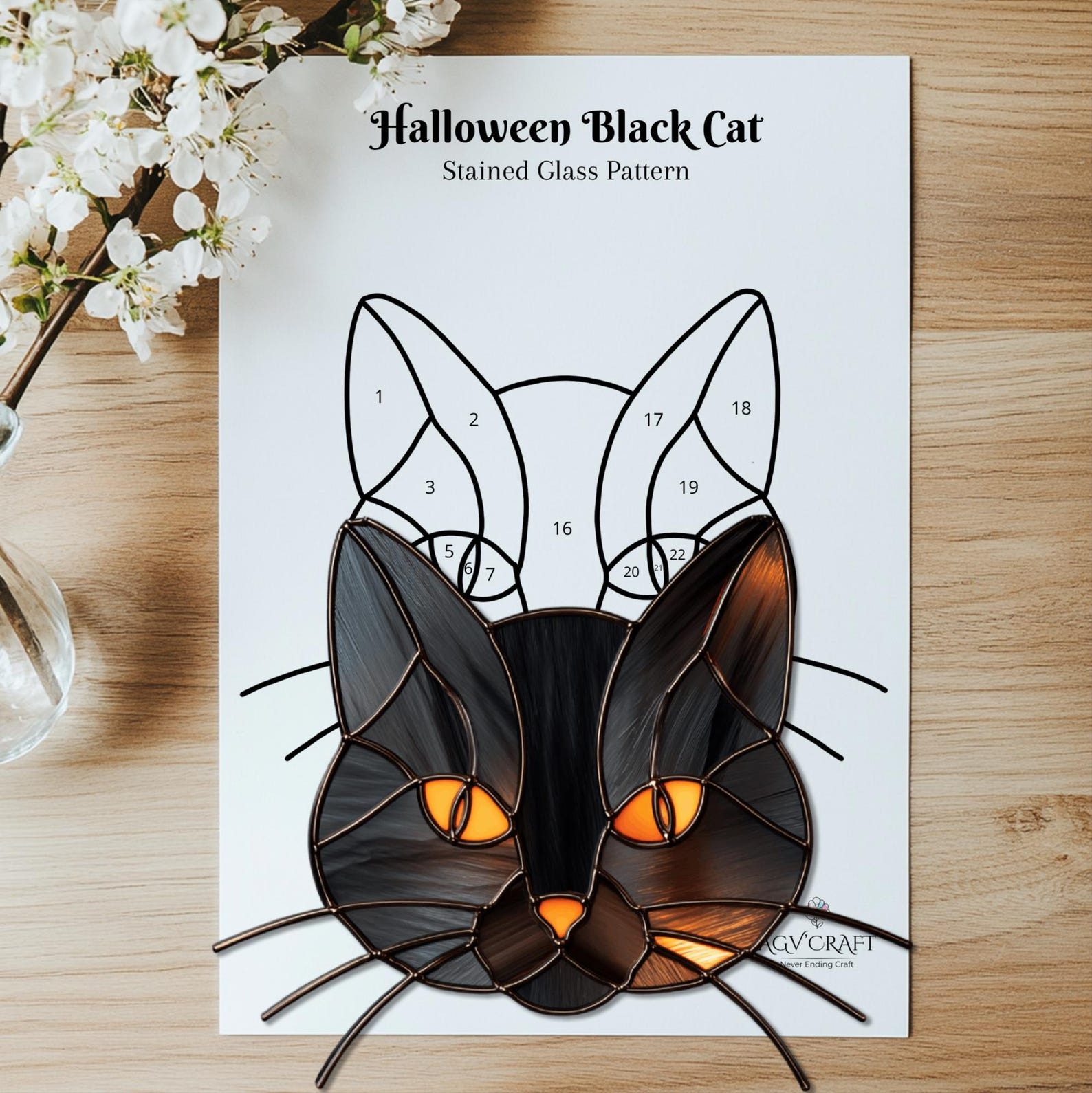 Black Cat Face Stained Glass Pattern, Halloween Suncatcher (PDF Pattern ...