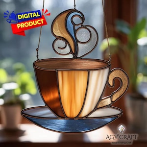 Motivo in vetro colorato a forma di tazza di caffè, acchiappasole con bevanda, motivo in vetro colorato a forma di caffè, arredamento per la casa, vetro colorato fai da te, regalo di arte murale