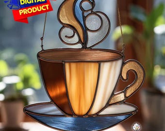 Motivo in vetro colorato a forma di tazza di caffè, acchiappasole con bevanda, motivo in vetro colorato a forma di caffè, arredamento per la casa, vetro colorato fai da te, regalo di arte murale
