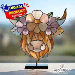 Highland Cow Flower Stained Glass Pattern, Beautiful Highland Cow Suncatcher, Highland Cow With Flower Crown Stained Glass, Home Decor