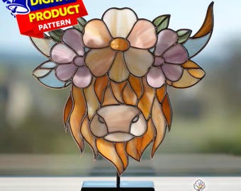 Highland Cow Flower Stained Glass Pattern, Beautiful Highland Cow Suncatcher, Highland Cow With Flower Crown Stained Glass, Home Decor