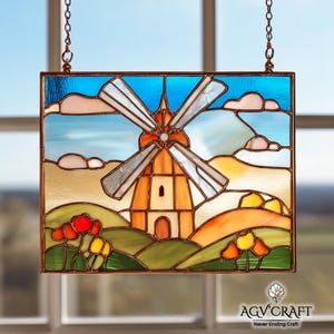 Classic Windmill Stained Glass Pattern, Windmill  Suncatcher, Farmhouse Decor Stained Glass, Home Decor, Handmade PDF, Wall Art Gift