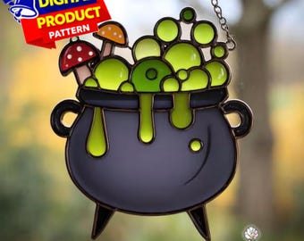 Patrón de vitral para atrapasol de caldero de bruja (patrón PDF), decoración de Halloween, decoración artesanal