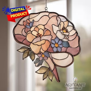 Floral Brain Stained Glass Pattern, Suncatcher DIY (PDF Pattern), Brain Stained Glass, Home Decor, DIY Stained Glass, Wall Art Gift
