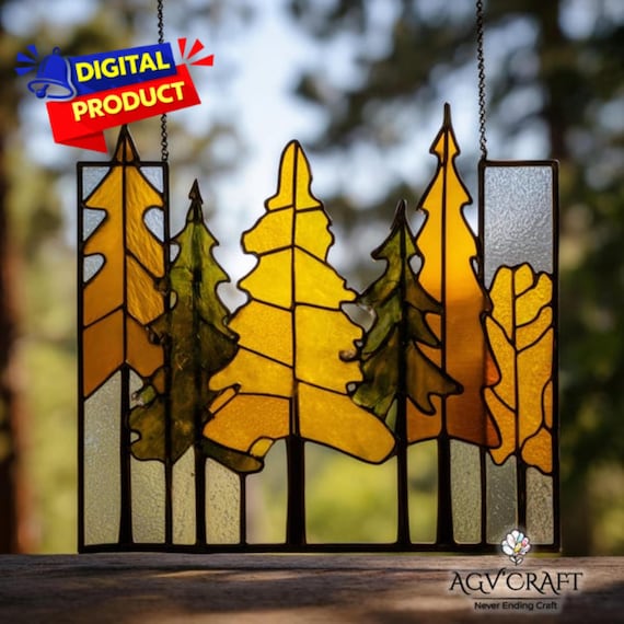 Forest Silhouette Stained Glass Pattern, Pine Tree Suncatcher, Forest Tree Stained Glass, Home Decor Glass, DIY Stained Glass, Wall Art Gift