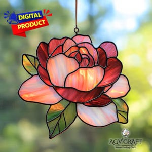 Patrón de vitral de peonía, atrapasol de peonía, patrón de vitral con arte floral, decoración de vidrio para el hogar, vitral DIY, regalo de arte de pared