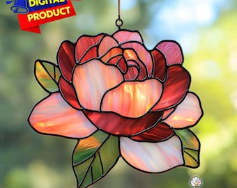 Patrón de vitral de peonía, atrapasol de peonía, patrón de vitral con arte floral, decoración de vidrio para el hogar, vitral DIY, regalo de arte de pared