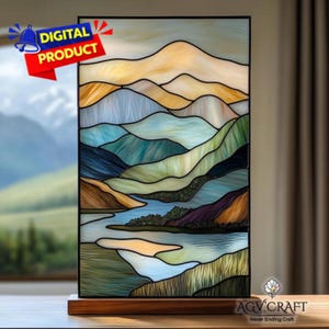 Landschap bergrivier gebrandschilderd glaspatroon, bergrivier Suncatcher, Nationaal Park gebrandschilderd glas, woondecoratie, handgemaakt glas, kunst aan de muur