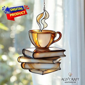 Gebrandschilderd glaspatroon koffie en boek, leesgrage glas-in-loodpatroon, boek Suncatcher, glas in lood huisdecoratie, DIY glas in lood, muurkunst cadeau