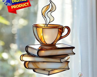Vitrail tasse de thé tasse de café livres attrape-soleil fleur - France