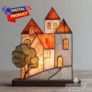 Motif de vitrail de village, attrape-soleil de village, vitrail de maison ancienne, décoration en verre, vitrail fait main, cadeau d'art mural