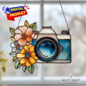 Floral Camera Stained Glass Pattern, DIY Suncatcher (PDF Pattern), Camera Stained Glass, Home Decor Glass, DIY Stained Glass, Wall Art Gift