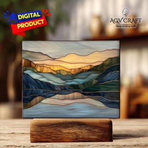 Vetrate con motivo di montagne circondate da laghi, acchiappasole sul lago, vetrate del parco nazionale, decorazioni per la casa, vetrate fatte a mano, arte murale