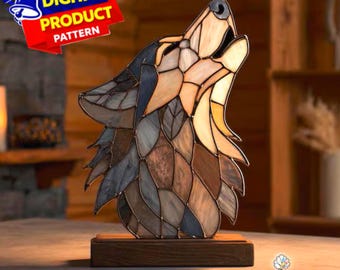 Wolf hoofd gebrandschilderd glaspatroon, wolf hoofd suncatcher, wolf gebrandschilderd glaspatroon, interieur glas, DIY glas in lood, muur kunst cadeau