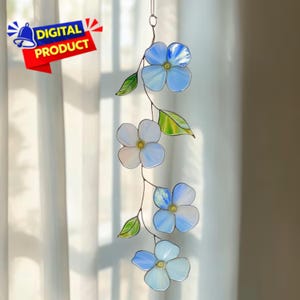 Motivo per vetrate artistiche "Non ti scordar di me", motivo per vetrate artistiche con fiori sospesi, acchiappasole floreale, decorazioni in vetro per la casa, vetrate artistiche fai da te, arte murale