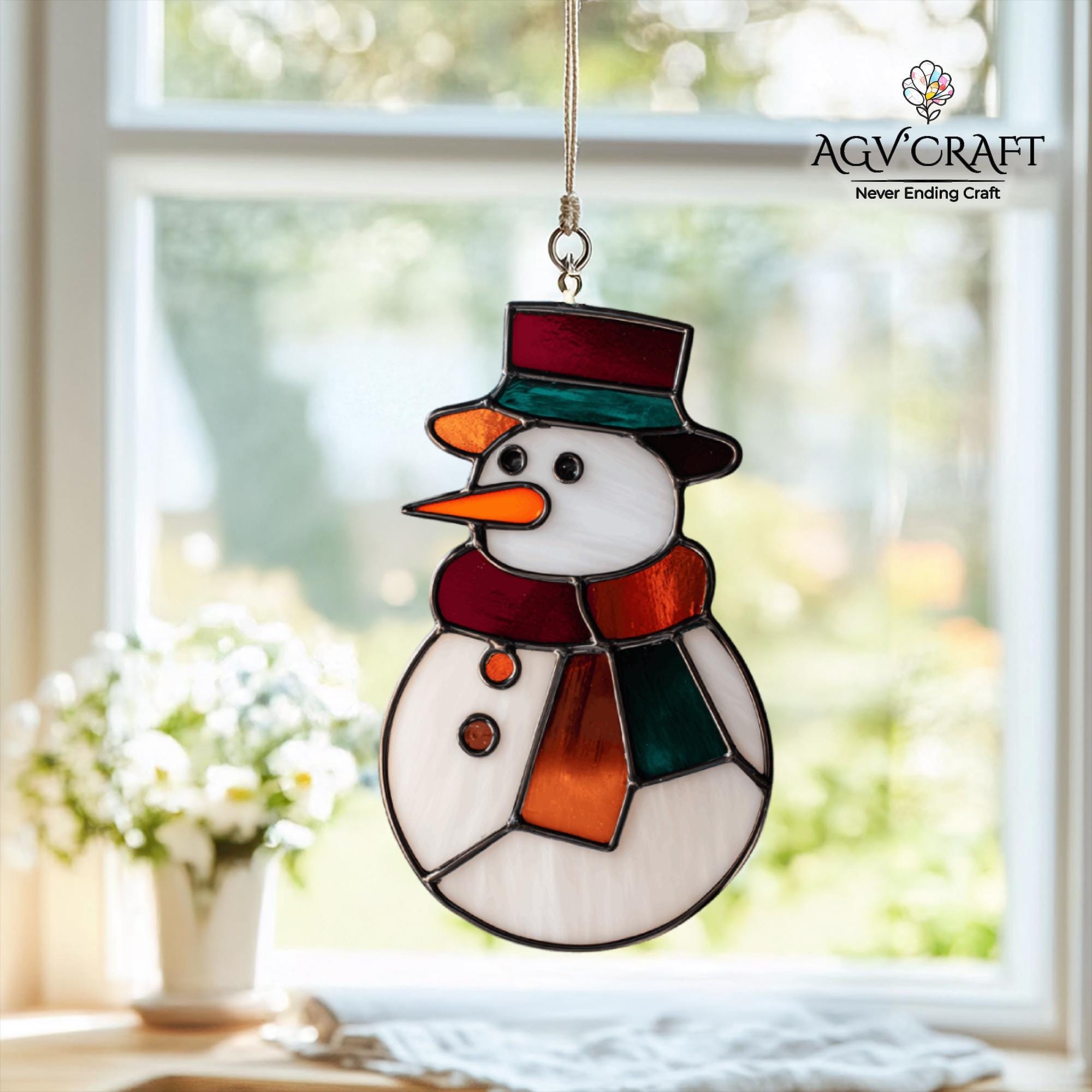 雪だるまステンドグラス模様、雪だるまサンキャッチャー、かわいい