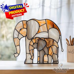 Motif de vitrail famille éléphant, motif attrape-soleil éléphant, décoration d'intérieur, modèle de vitrail, oeuvre d'art mural