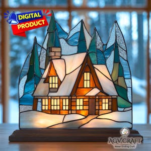 Diseño de vitral de cabaña invernal, atrapasol de cabaña invernal, vitral de mapache, vitral de cabaña invernal nevada (PDF), decoración del hogar