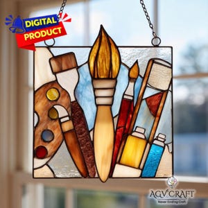 Painter Tools Stained Glass Suncatcher Pattern (PDF), Paint Brush Stained Glass, Home Decor, Wall Art Gift