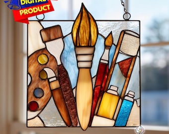Painter Tools Stained Glass Suncatcher Pattern (PDF), Paint Brush Stained Glass, Home Decor, Wall Art Gift