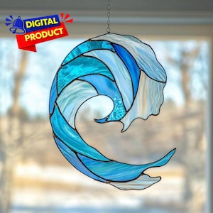 Patrón de vitral con atrapasol de olas del océano (patrón PDF), patrón de vitral con olas del océano, decoración del hogar, vitral DIY, regalo de arte mural