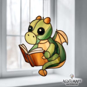 Cute Dragon Reading Book Stained Glass Pattern, Dragon Book Suncatcher, Bookish Stained Glass, Home Decor, Handmade PDF, Wall Art Gift