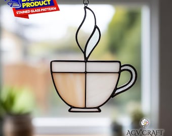 Tea Cup Stained Glass Pattern, Hot Tea Suncatcher Template, Home Decor, DIY Handcraft, Wall Art Gift,