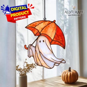 Fantôme avec motif de vitrail parapluie, modèle attrape-soleil Halloween, décoration d'Halloween, vitrail bricolage, cadeau d'art mural