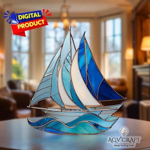 Blue Yacht Stained Glass Pattern, Blue Yacht Suncatcher, Simple Blue Yacht Stained Glass, Home Decor, Handmade PDF, Wall Art Gift