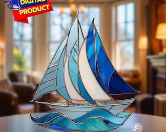 Blue Yacht Stained Glass Pattern, Blue Yacht Suncatcher, Simple Blue Yacht Stained Glass, Home Decor, Handmade PDF, Wall Art Gift