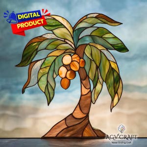 Coconut Tree Stained Glass Pattern, Coconut Palm Tree Suncatcher, Palm Tree Stained Glass, Home Decor, Handmade PDF, Wall Art Gift